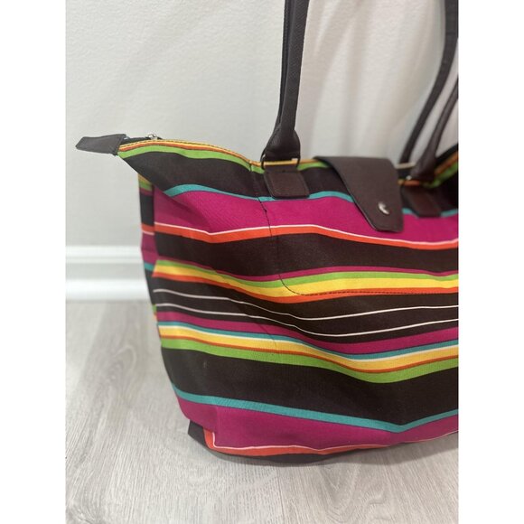 Striped Tote Bag Large Multicolor Zip Top Shoulder Handbag W/Pouch Le Pliage - Picture 2 of 11